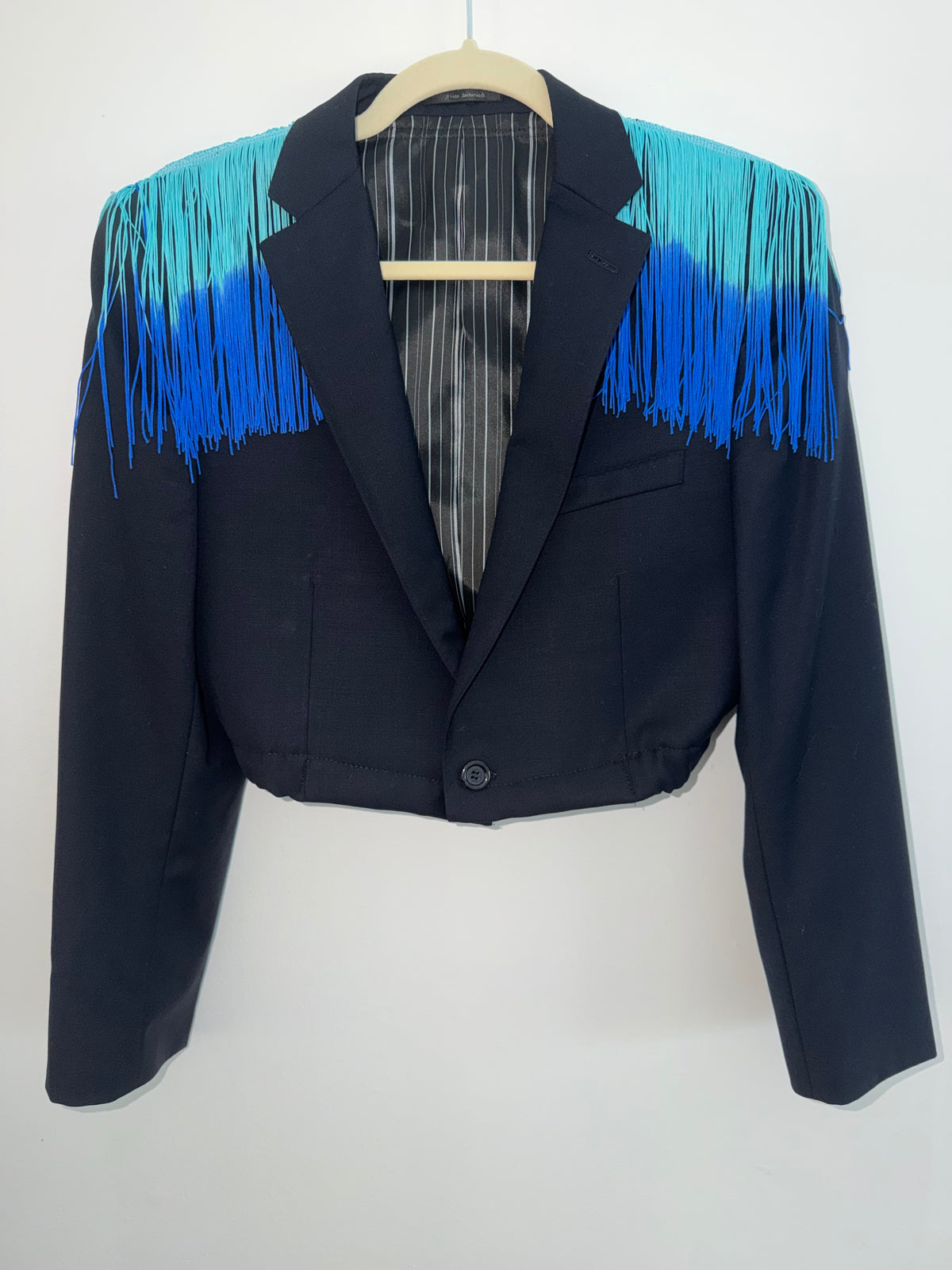 two tone blue fringed men’s cropped men’s blazer