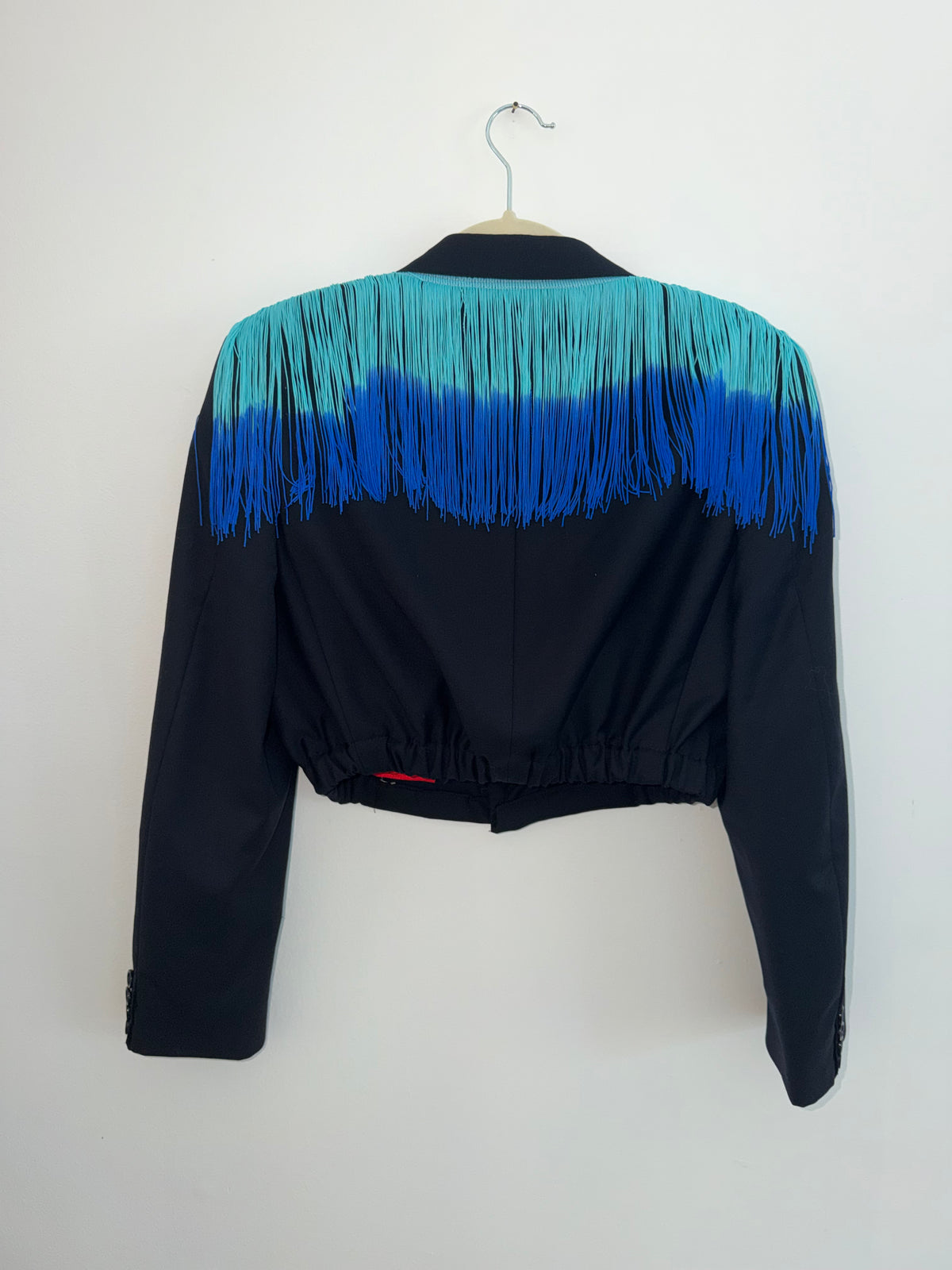 two tone blue fringed men’s cropped men’s blazer