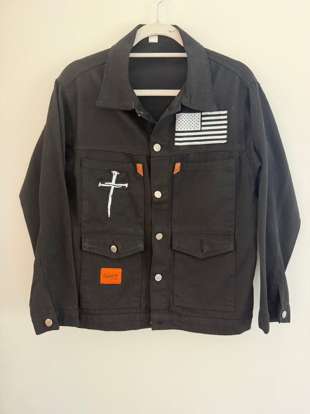 Black Denim Jacket – Cross & 'Call Your Mother' Detail