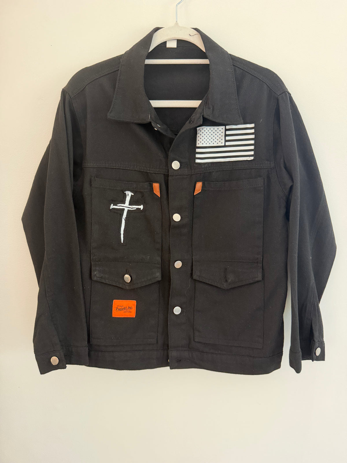 Black Denim Jacket – Cross & 'Call Your Mother' Detail