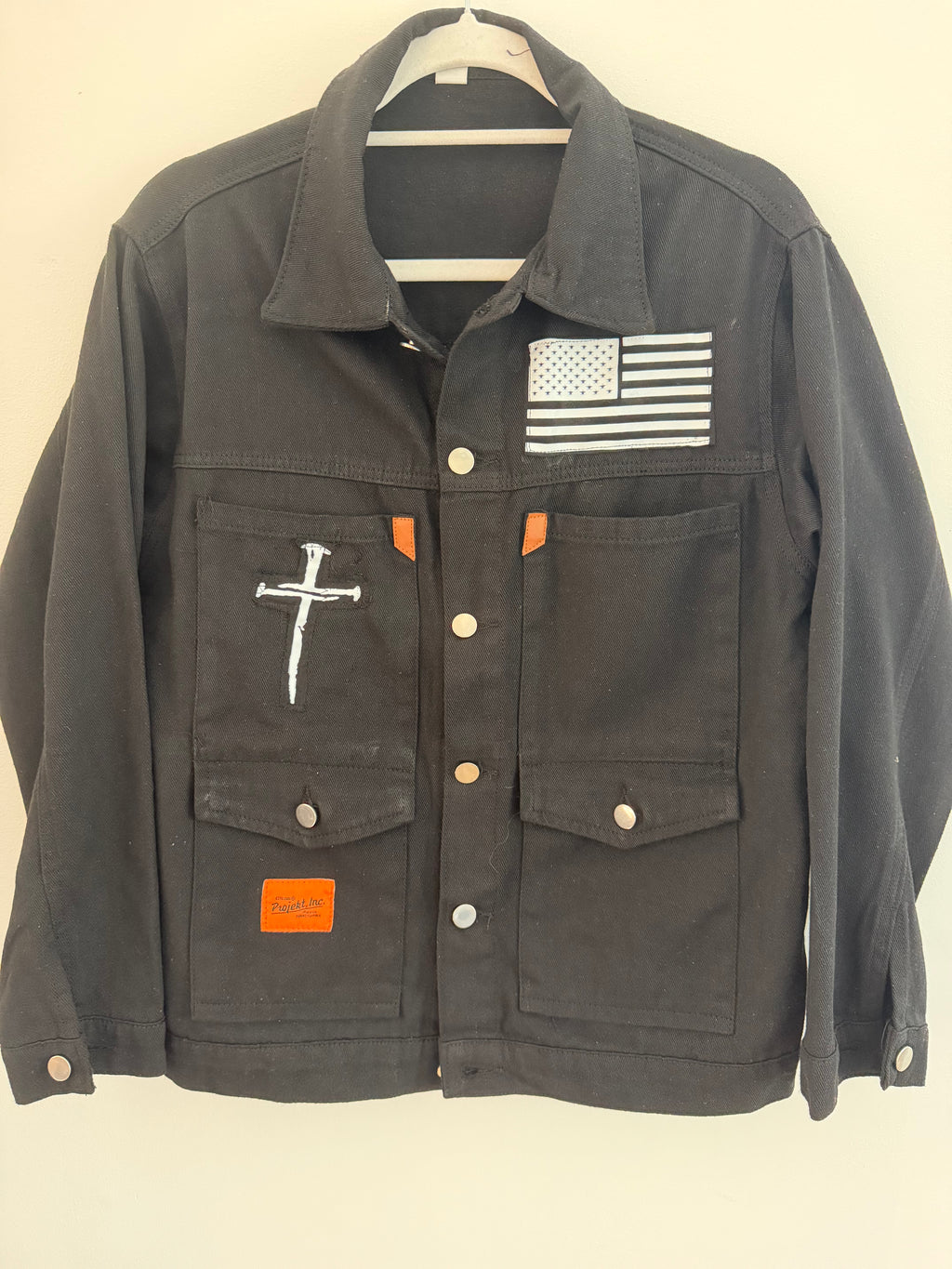 Black Denim Jacket – Cross & 'Call Your Mother' Detail