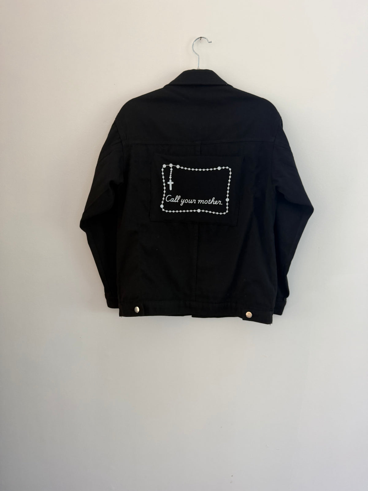 Black Denim Jacket – Cross & 'Call Your Mother' Detail