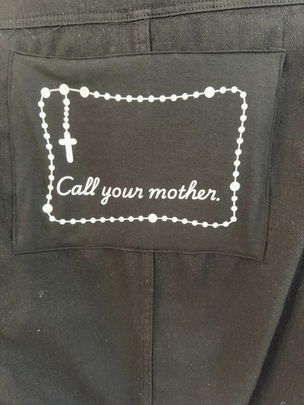 Black Denim Jacket – Cross & 'Call Your Mother' Detail