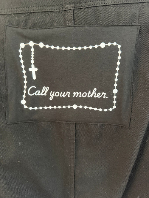 Black Denim Jacket – Cross & 'Call Your Mother' Detail